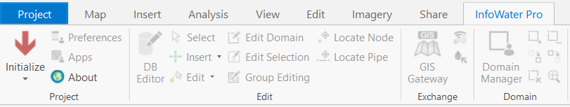 The Initialize button in the InfoWater Pro tab within the ArcGIS Pro ribbon.