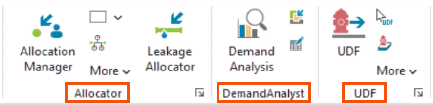 On the InfoWater Pro tab, from left to right are the Allocator, DemandAnalyst, and UDF groups, with each group name highlighted in red.