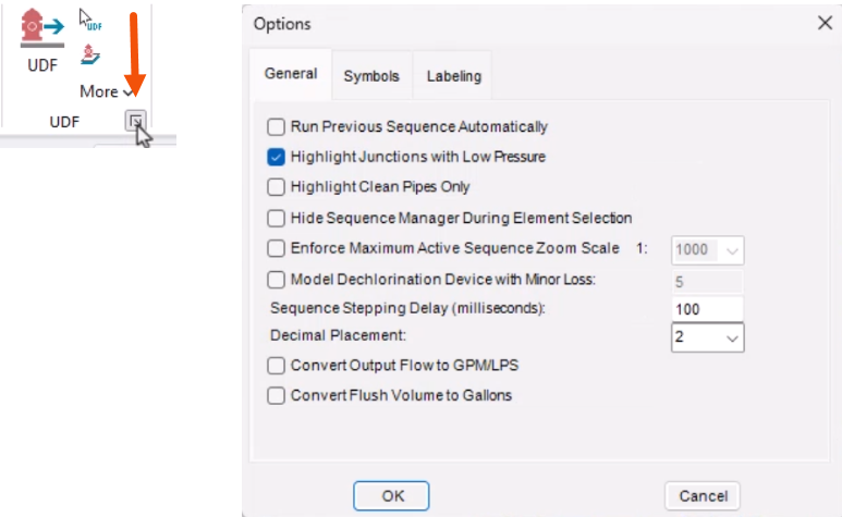 On the left, in the UDF group, the dialog box launcher being clicked and called out with a red arrow. On the right, the resulting Options dialog.