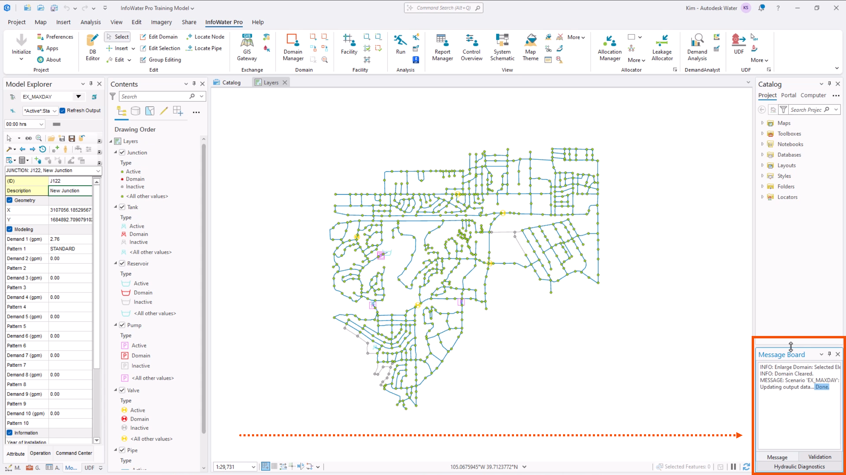 In ArcGIS, the Message Board panel resized and moved to the bottom right side of the interface, indicated by a dotted arrow.