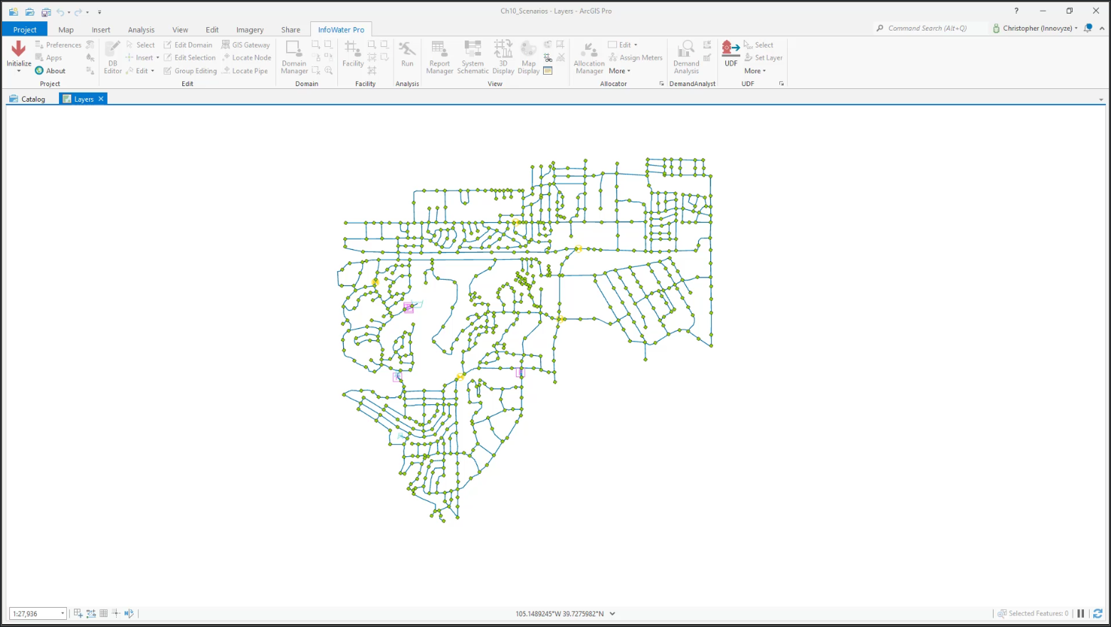 An InfoWater Pro project in ArcGIS Pro showing the network map.