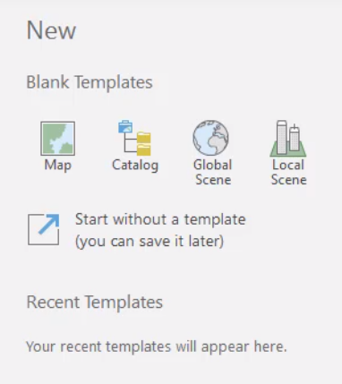 The ArcGIS Pro start page, Blank Templates options