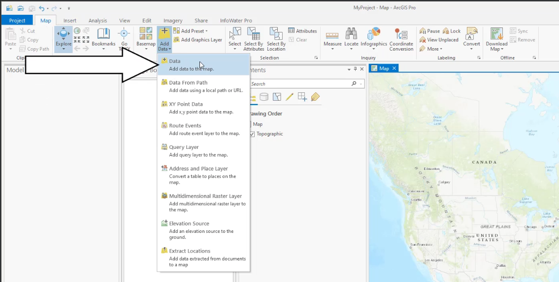 The ArcGIS Pro ribbon, Map tab, Add Data drop-down, with Data being called out as selected