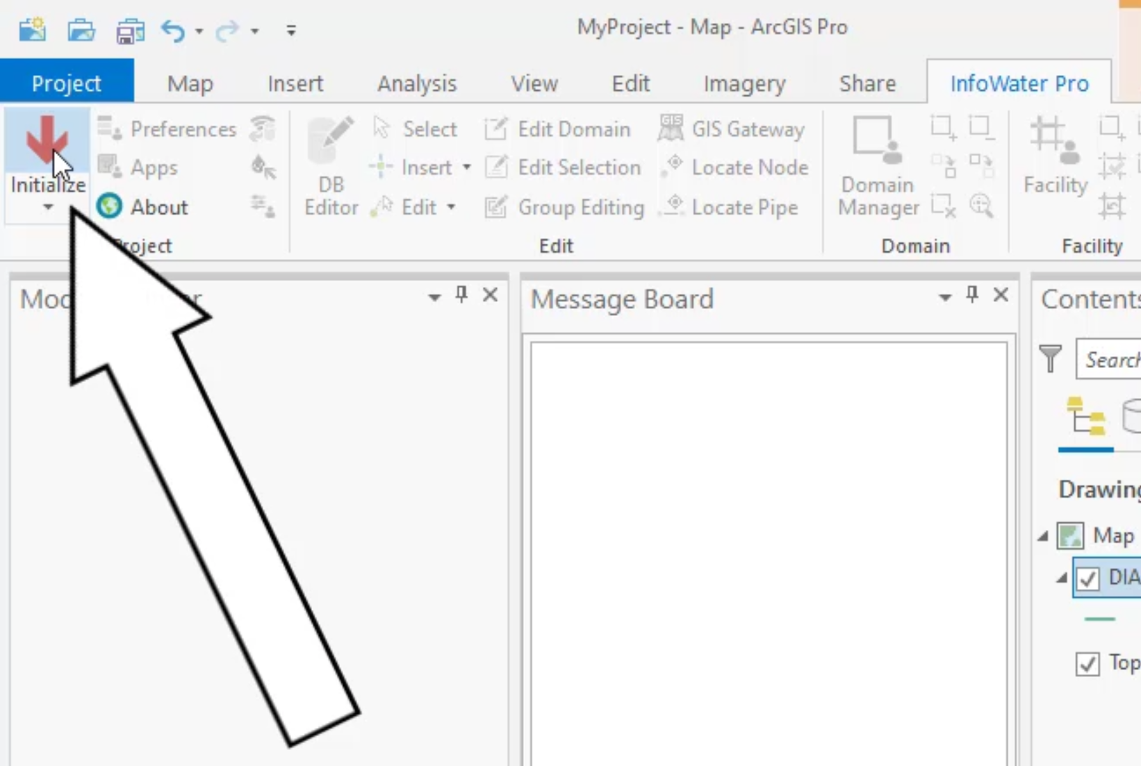 The InfoWater Pro tab of the ribbon with Initialize called out as being selected