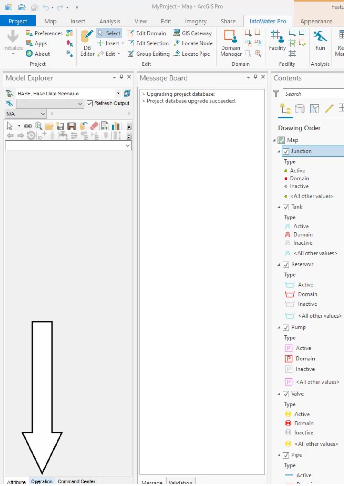 The InfoWater Pro tab, Model Explorer window, with the Operation tab called out