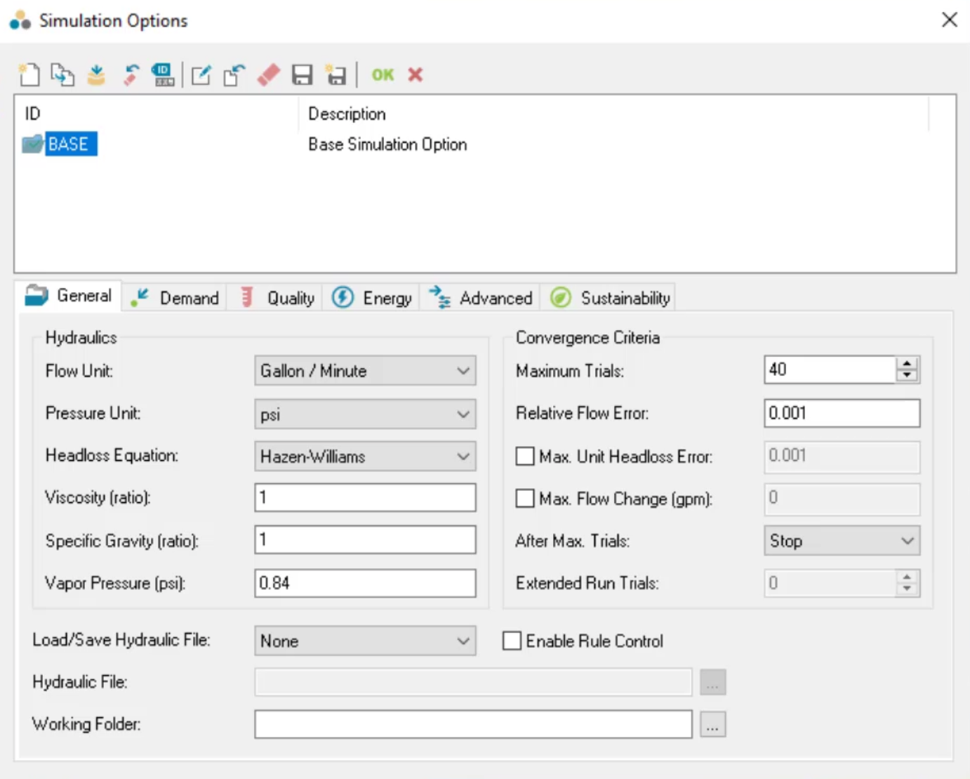 The Simulation Options dialog box, General tab options