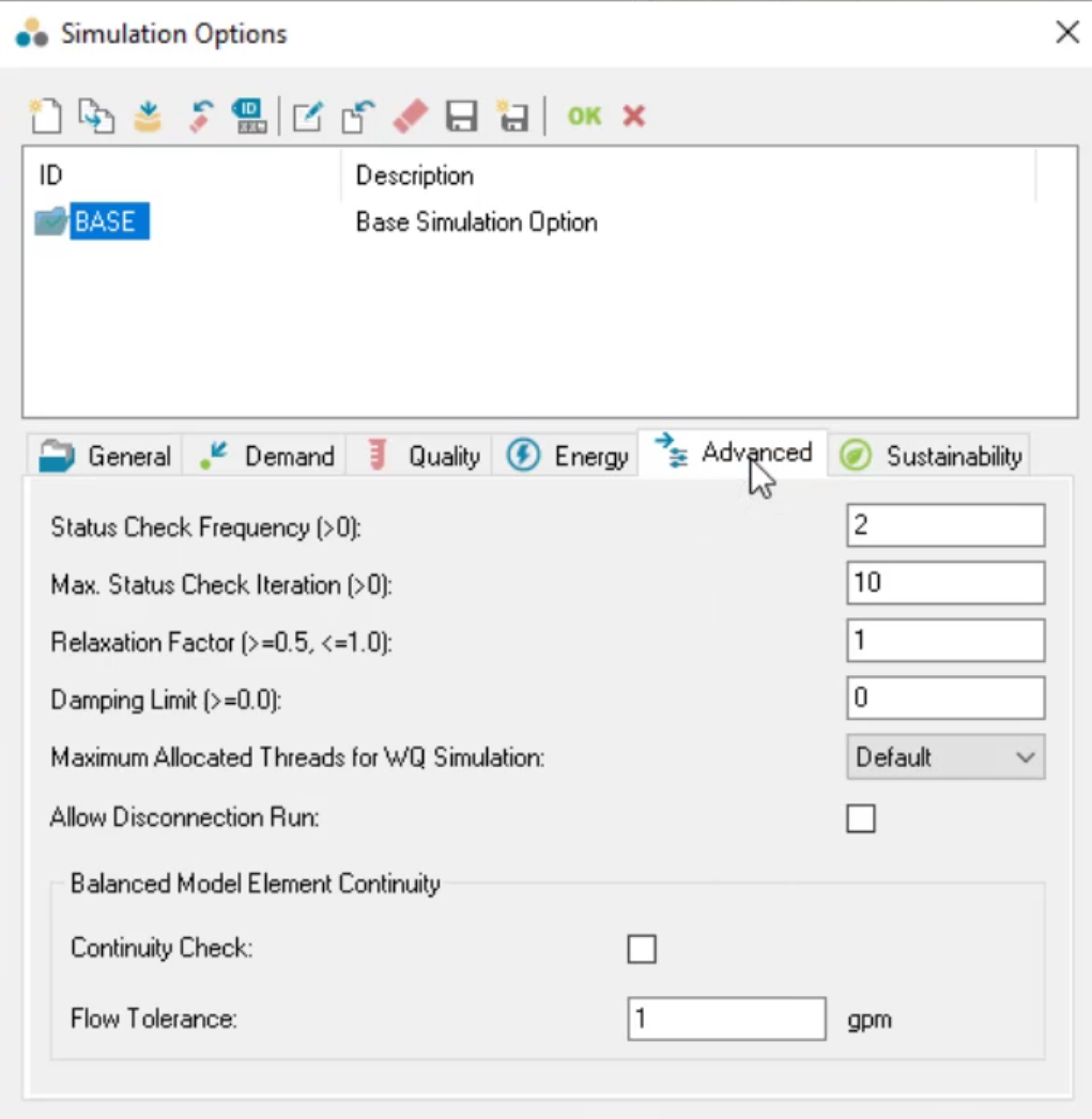 The Simulation Options dialog box, Advanced tab options, which may be changed to increase performance