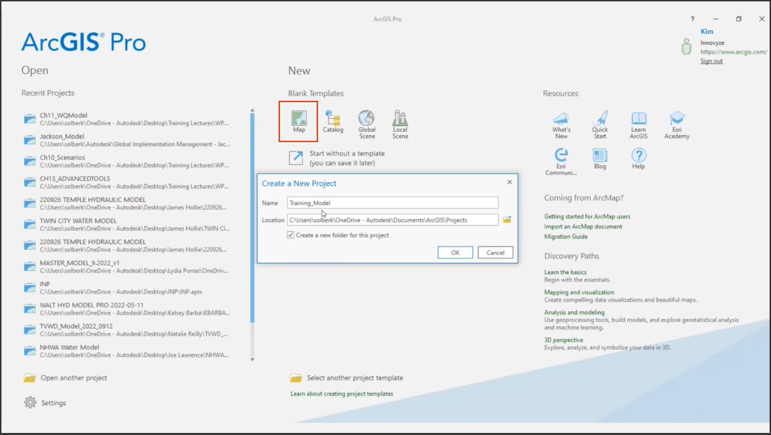 The ARCGIS Pro Blank Templates start menu, after Map is selected, with the Create a New Project dialog box in the foreground