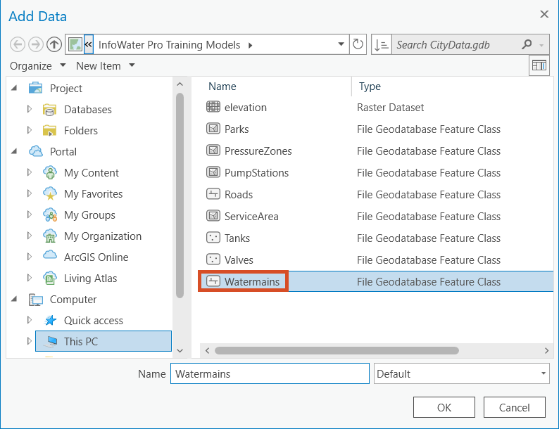 The Add Data dialog box with Watermains selected in the .gdb sample file location