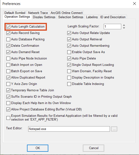 The InfoWater Pro Preferences dialog box, Operation Settings tab, with Auto Length Calculation selected and highlighted