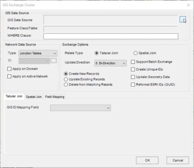 GIS Exchange Cluster dialog box, with the GIS Data Source More option highlighted