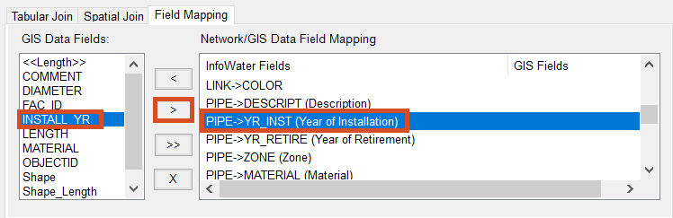 The Field Mapping tab of the GIS Exchange Cluster window with mapped items highlighted