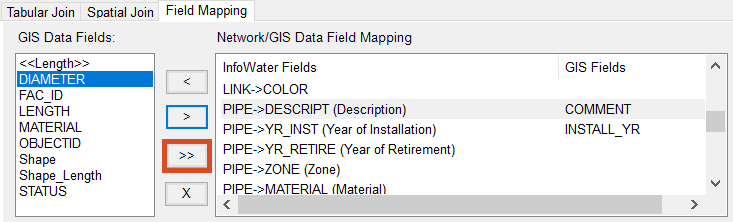 Field Mapping tab of the GIS Exchange Cluster window with auto-map icon highlighted