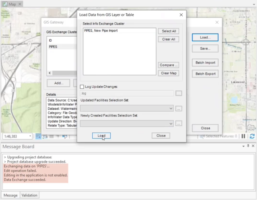 The Load Data from GIS Layer or Table dialog box, with the load results reported in the Message Board