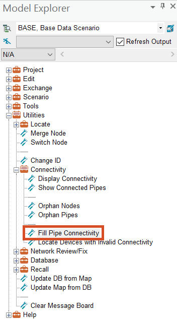 The Model Explorer, Command Center tab, Connectivity folder, Fill Pipe Connectivity highlighted