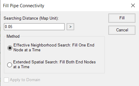 The Fill Pipe Connectivity dialog box with Searching Distance (Map Unit) set to 0.5 and Effective Neighborhood Search: Fill One End Node at a Time selected