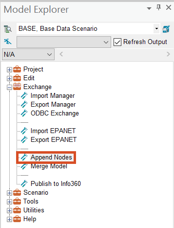 The Model Explorer, Command Center tab, Exchange folder, with Append Nodes highlighted