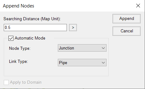 The Append Nodes dialog box with Searching Distance (Map Unit) set to 0.5, Automatic Mode ON, Node Type set to Junction, and Link Type set to Pipe.