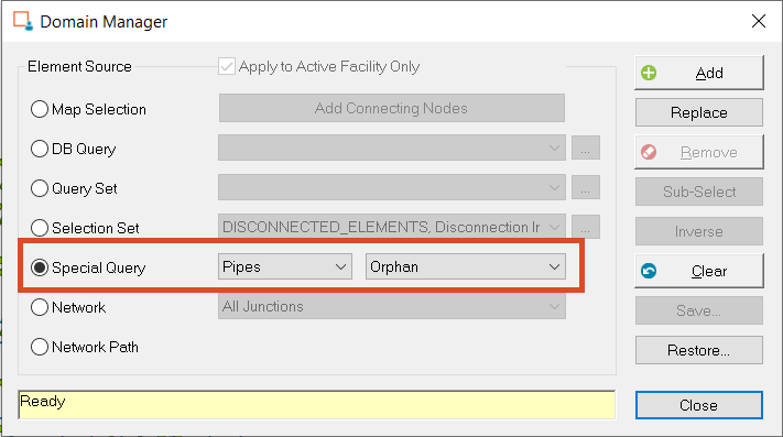 The Domain Manager with the Special Query section highlighted. Special Query is ON, and Pipes and Orphan are selected from the drop-downs