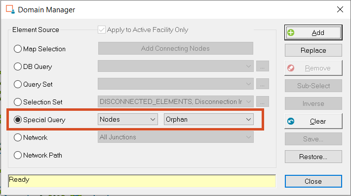 The Domain Manager with the Special Query section highlighted. Special Query is enabled, and Nodes and Orphan are selected from the drop-downs