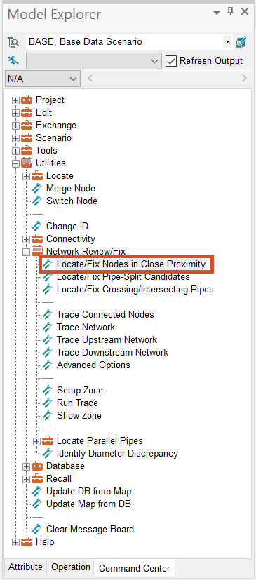 The Model Explorer, Command Center tab, Network Review/Fix folder, with Locate/Fix Node in Close Proximity highlighted