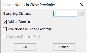 The Locate Nodes in Close Proximity dialog box, with Searching Distance set to 1 and Add to Domain enabled