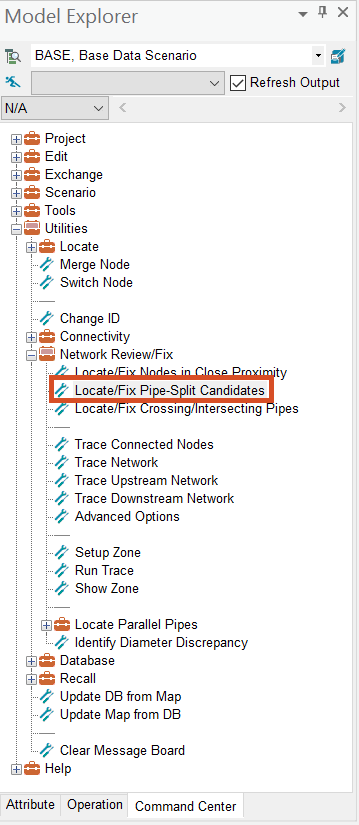 The InfoWater Pro Model Explorer, with the Command Center tab active and the Network Review/Fix folder, Locate/Fix Pipe-Split Candidates highlighted