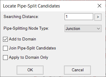 The Locate Pipe-Split Candidates dialog box with Searching Distance set to 1, the Pipe-Splitting Node Type set to Junction, and Add to Domain selected