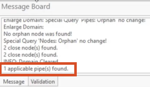 The Message Board showing the results of the Locate Pipe Split Candidates operation, in which 1 applicable pipe was found