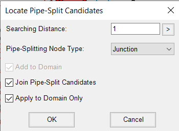 The Locate Pipe-Split Candidates dialog box, with Join Pipe-Split Candidates and Apply to Domain Only enabled