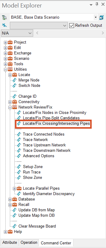 Model Explorer, Command Center tab, Network Review/Fix folders open, with Locate/Fix Crossing/Intersecting Pipes highlighted