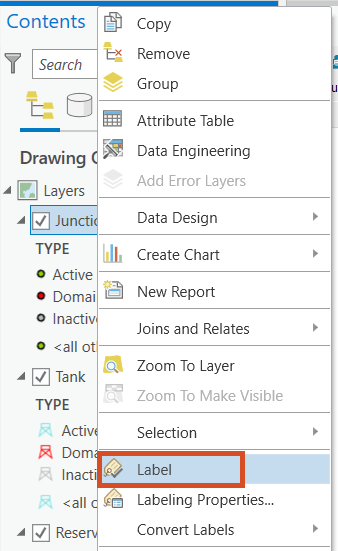 The Contents panel with Junction > Label highlighted