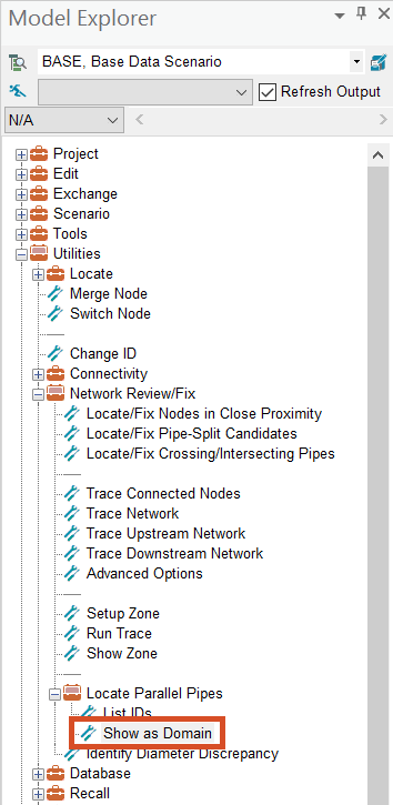 The Model Explorer, Command Center tab, Network Review/Fix and Locate Parallel Pipes folders open, with Show as Domain highlighted