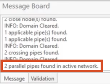 The Message Board reporting the results of the Locate Parallel Pipes operation and the number of parallel pipes that were found