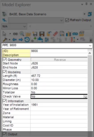 The Model Explorer attributes for the redrawn pipe