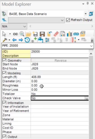 The Model Explorer attributes for the existing pipe without any associated attribute data