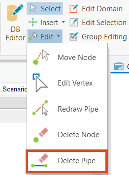 The InfoWater Pro ribbon Edit panel, with the Edit drop-down highlighting the Delete Pipe tool