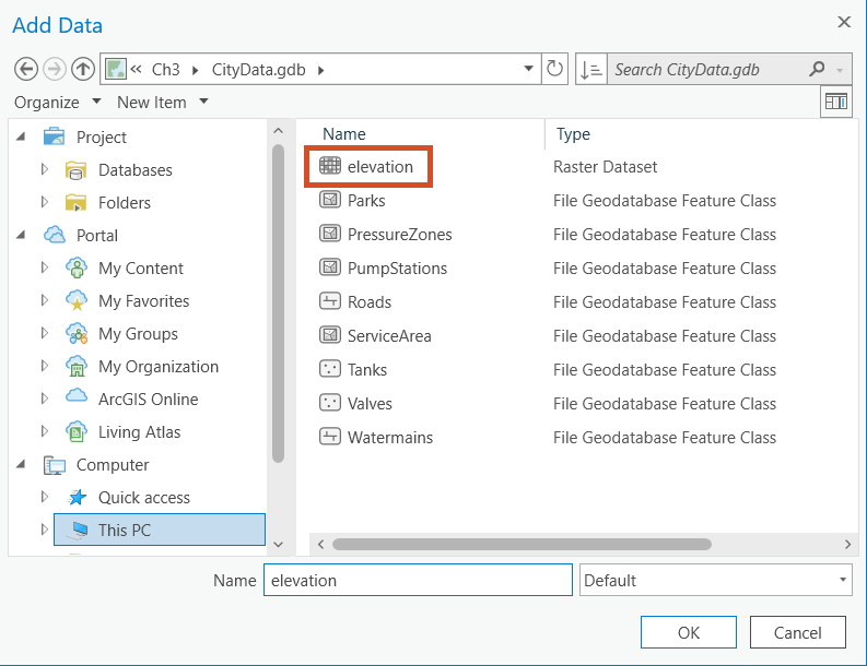 The ArcGIS Add Data file browser, with the elevation dataset selected