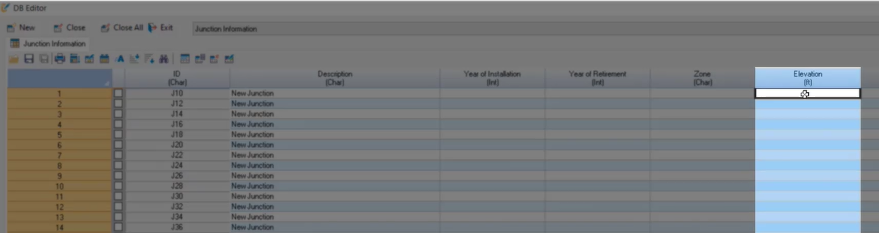 The DB Editor, Junction Information table, with the Elevation column highlighted because it is empty of data