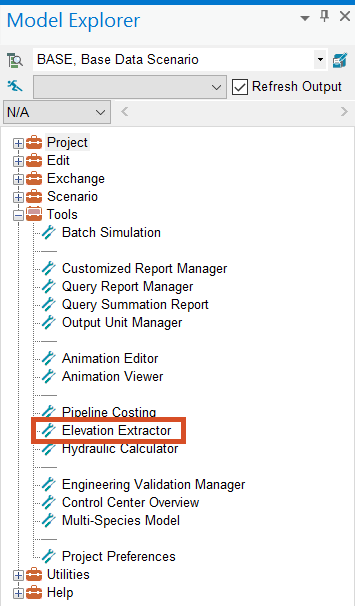 The Model Explorer, Command Center tab, Tools folder with Elevation Extractor highlighted