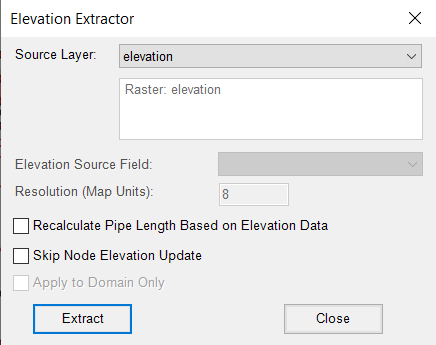 The Elevation Extractor dialog box, with the Source Layer set to elevation and no other options enabled