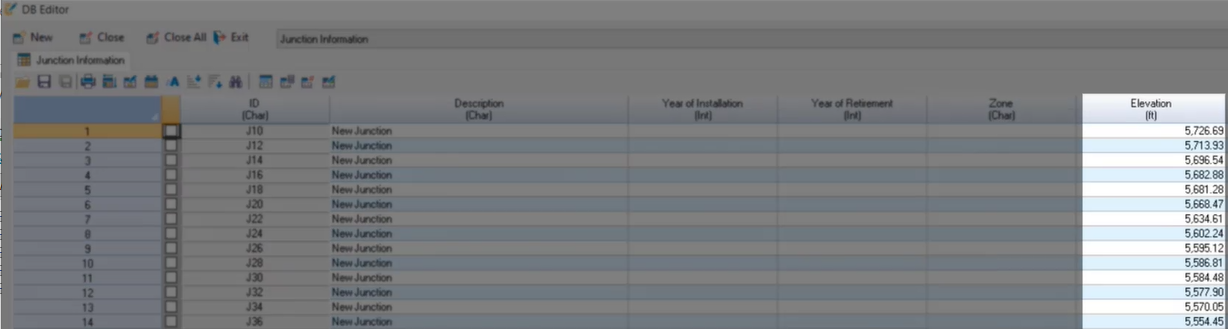 The DB Editor, Junction Information table, with the Elevation column highlighted because it is now filled with the data from the elevation raster file