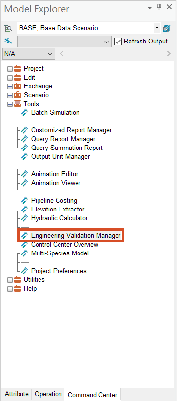 The Command Center tab of the Model Explorer, with the Engineering Validation Manager highlighted in the Tools folder