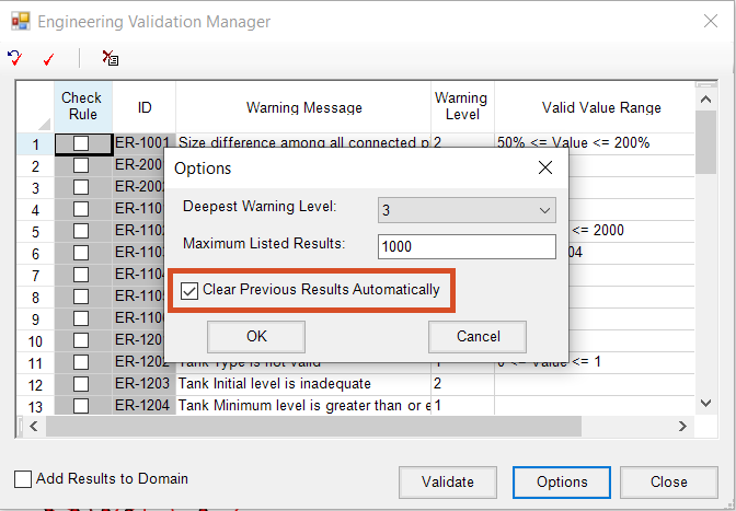 The Options dialog box of the Engineering Validation Manager opened, with the Clear Previous Results Automatically option highlighted and enabled