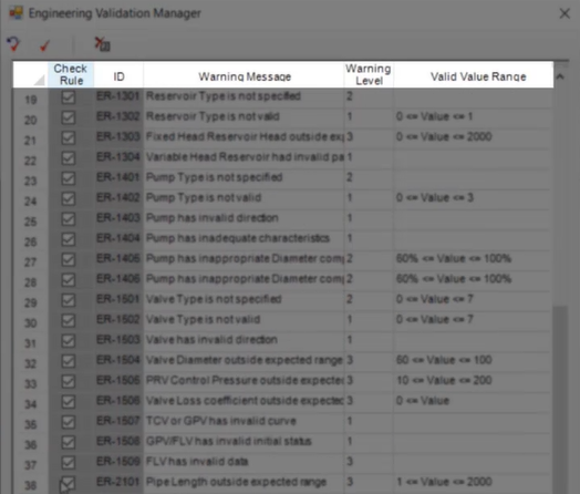 The Engineering Validation Manager with the header row highlighted