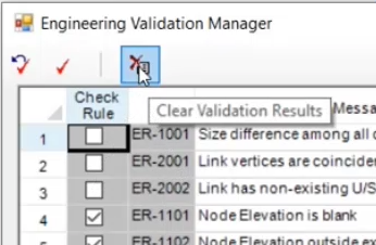 The Engineering Validation Manager with the Clear Validation Results icon highlighted