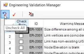 The Engineering Validation Manager with the Uncheck All icon highlighted