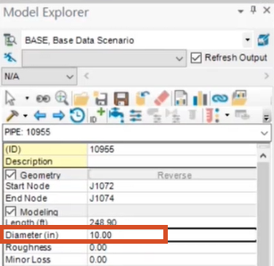 The Model Explorer, Attribute tab, with the Diameter field changed to 10