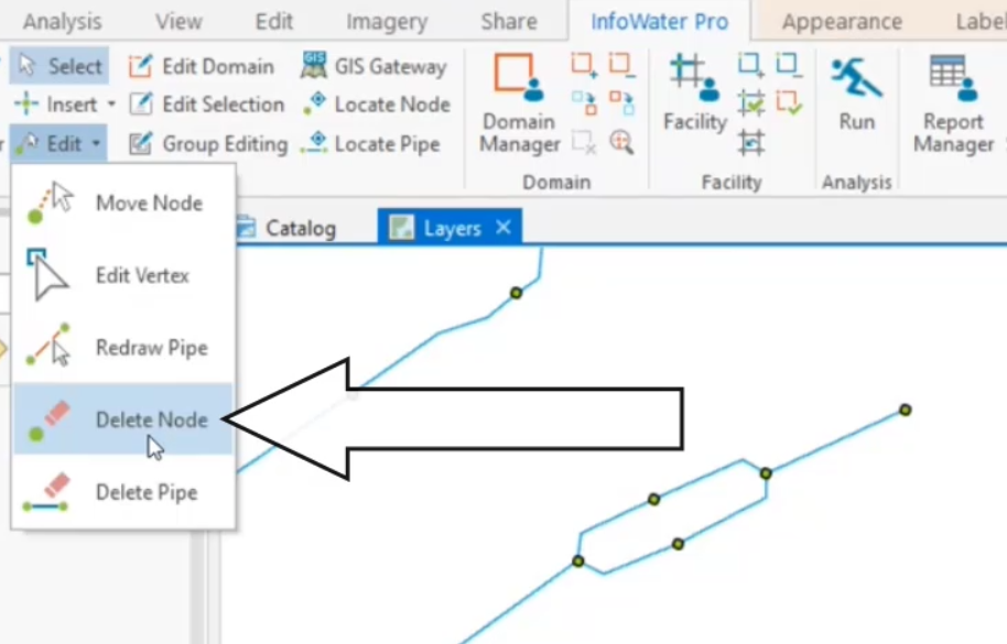 A screenshot of the InfoWater Pro Ribbon with Edit expanded, and Delete Node selected