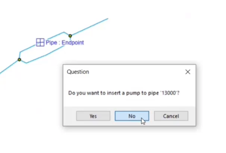 A screenshot of the map with a Pipe Endpoint placed, the Question dialog box is displayed, and No is selected